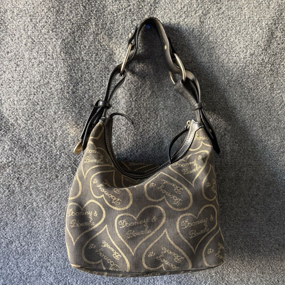 Dooney & Bourke Signature Heart denim hobo bag Black Beige Bag Charm Zip Closure